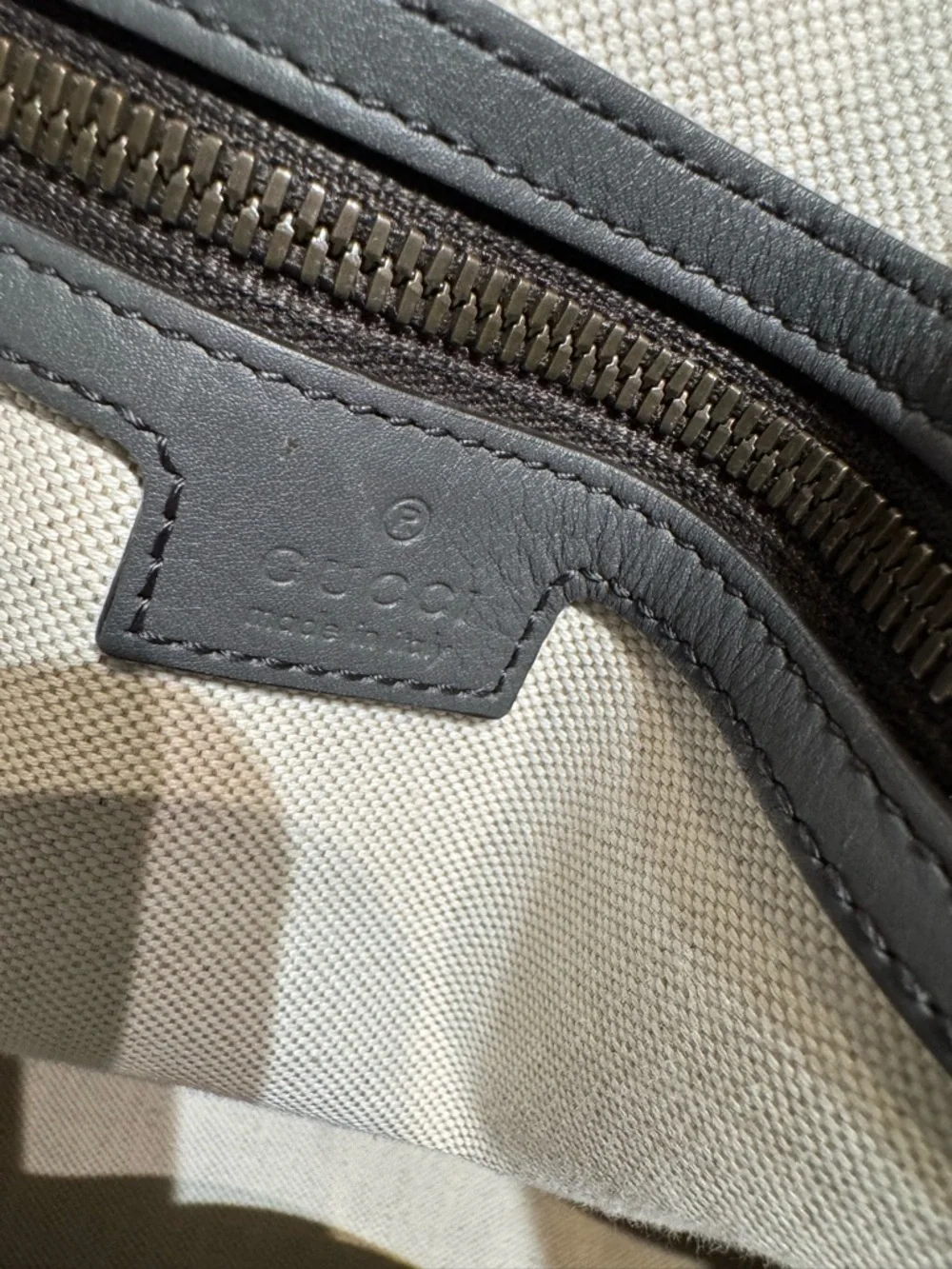 Gucci Gray Leather Duffel with Green and Red Web Stripes